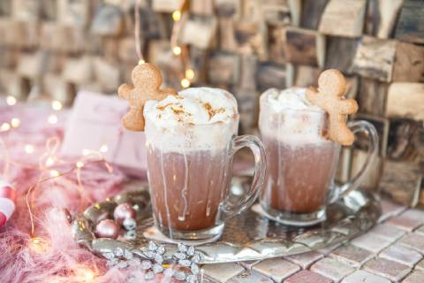 Hot cream chocolate with cream and colourful decoration for Christmas chocolate with whipped hot  1079704639