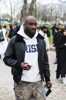 March 2, 2018 - Paris, Ile-de-France, France - Virgil Abloh is seen on the street attending Undercover during Paris Fashion Week Women s A W 2018 Collection wearing a black leather jacket with grey hoodie and camo pants on March 2, 2018 in Paris, France. Paris France  - ZUMAn230 20180302_zaa_n230_771 Copyright: xNataliyaxPetrovax