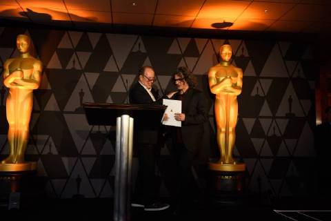 March 2, 2018 - Beverly Hills, California, U.S. - HANS ZIMMER presents the certificate of nomination to Ziad Doueiri, director of the Oscar nominated foreign film The Insult (Lebanon), at the reception for the Foreign Language Film Award category for the 90th Oscars on Friday. Beverly Hills U.S. - ZUMAz03_ 20180302_shf_z03_214 Copyright: xKatexNoellex