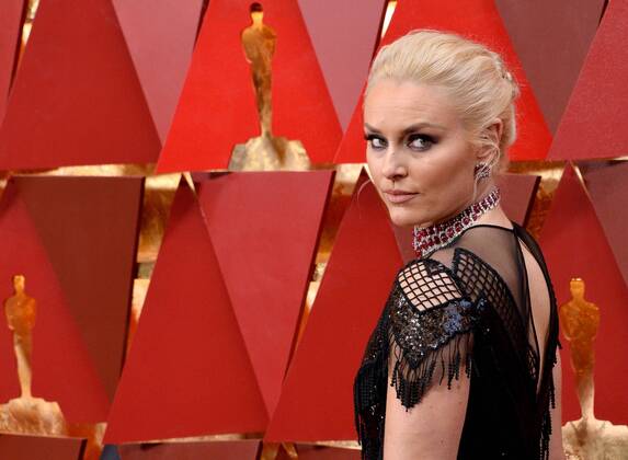 Skier Lindsey Vonn arrives on the red carpet for the 90th annual Academy Awards at the Dolby Theatre in the Hollywood section of Los Angeles on March 4, 2018.  LAP20180304344 JIMxRUYMEN