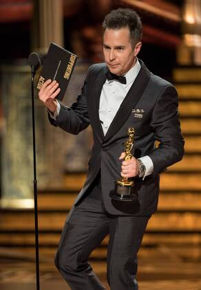 Sam Rockwell accepts the Oscar for performance by an actor in a supporting role for work on Three Billboards Outside Ebbing, Missouri during the live ABC Telecast of The 90th OscarsÂ® at the DolbyÂ® Theatre in Hollywood, CA on Sunday, March 4, 2018.  Copyright: xAaronxPoolex 33546_363PLX