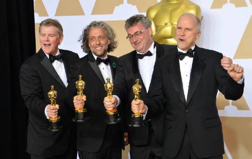 (L-R) Visual effects artists Richard R. Hoover, Paul Lambert, Gerd Nefzer, and John Nelson, winners of the award for Best Visual Effects award for Blade Runner 2049, appear backstage with their Oscars during the 90th annual Academy Awards at Loews Hollywood Hotel in the Hollywood section of Los Angeles on March 4, 2018.  LAP201803041021 JIMxRUYMEN