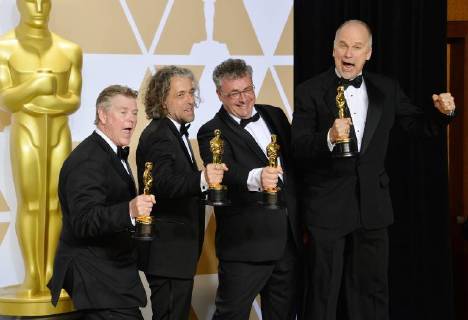 (L-R) Visual effects artists Richard R. Hoover, Paul Lambert, Gerd Nefzer, and John Nelson, winners of the award for Best Visual Effects award for Blade Runner 2049, appear backstage with their Oscars during the 90th annual Academy Awards at Loews Hollywood Hotel in the Hollywood section of Los Angeles on March 4, 2018.  LAP201803041025 JIMxRUYMEN