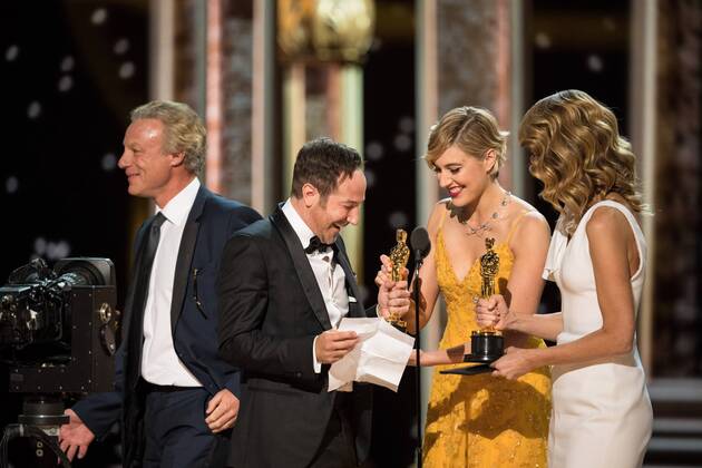 Greta Gerwig and Laura Dern present the Oscar for best documentary feature to Bryan Fogel for work on Icarus during the live ABC Telecast of The 90th OscarsÂ® at the DolbyÂ® Theatre in Hollywood, CA on Sunday, March 4, 2018.  Copyright: xAaronxPoolex 33546_389PLX