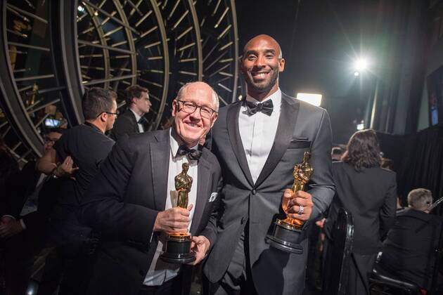 Glen Keane and Kobe Bryant pose backstage with the Oscar for best animated short film, for work on Dear Basketball during the live ABC Telecast of The 90th OscarsÂ® at the DolbyÂ® Theatre in Hollywood, CA on Sunday, March 4, 2018.  Copyright: xMattxPetitx 33546_462PLX
