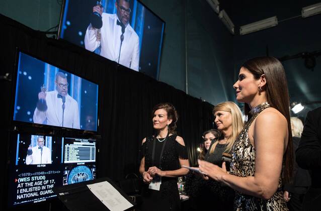 Sandra Bullock watches Jordan Peele accept the Oscar for original screenplay for work on Get Out during the live ABC Telecast of The 90th OscarsÂ® at the DolbyÂ® Theatre in Hollywood, CA on Sunday, March 4, 2018.  Copyright: xMattxPetitx 33546_535PLX