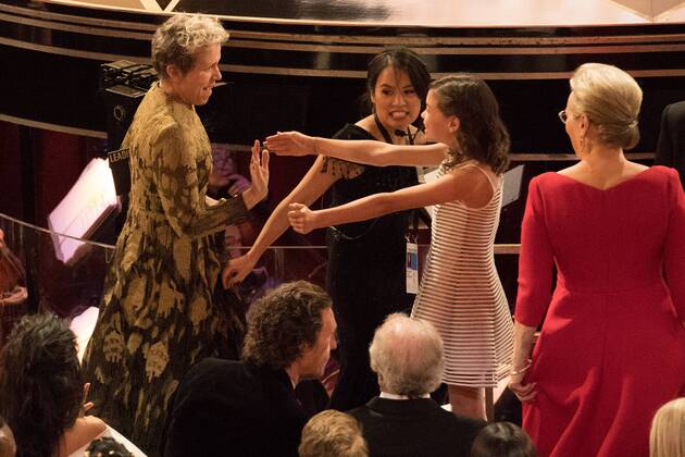 Frances McDormand, Oscar winner for her performance by an actress in a leading role for work on Three Billboards Outside Ebbing, Missouri, hugs guests during the live ABC Telecast of The 90th OscarsÂ® at the DolbyÂ® Theatre in Hollywood, CA on Sunday, March 4, 2018.  Copyright: xValeriexDurantx 33546_619PLX