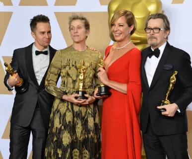 (L-R) Actors Sam Rockwell, winner of the Best Supporting Actor award for Three Billboards Outside Ebbing, Missouri , Frances McDormand, winner of the Best Actress award for Three Billboards Outside Ebbing, Missouri , Allison Janney, winner of the Best Supporting Actress award for I, Tonya and Gary Oldman, winner of the Best Actor award for Darkest Hour appear backstage with their Oscars during the 90th annual Academy Awards at Loews Hollywood Hotel in the Hollywood section of Los Angeles on March 4, 2018. LAP201803041531 JIMxRUYMEN