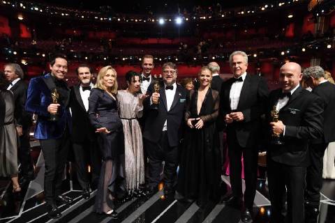 Paul Denham Austerberry, guest, Faye Dunaway, Sally Hawkins, Doug Jones, Guillermo del Toro, guest, Warren Beatty and J. Miles Dale pose on stage during The 90th OscarsÂ® at the DolbyÂ® Theatre in Hollywood, CA on Sunday, March 4, 2018.  Copyright: xToddxWawrychukx 33546_743PLX