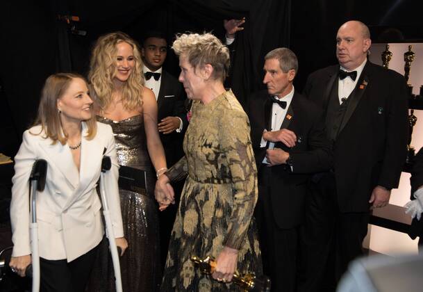 Jodi Foster and Jennifer Lawrence talk with Frances McDormand backstage after presenting McDormand with the Oscar for performance by an actress in a leading role for her work on Three Billboards Outside Ebbing, Missouri during the live ABC Telecast of The 90th OscarsÂ® at the DolbyÂ® Theatre in Hollywood, CA on Sunday, March 4, 2018.  Copyright: xMattxSaylesx 33546_744PLX