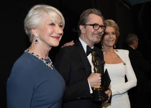 Gary Oldman poses backstage with Helen Mirren and Jane Fonda with the Oscar for performance by an actor in a leading role, for work on Darkest Hour during the live ABC Telecast of The 90th OscarsÂ® at the DolbyÂ® Theatre in Hollywood, CA on Sunday, March 4, 2018.  Copyright: xMattxSaykesx 33546_772PLX
