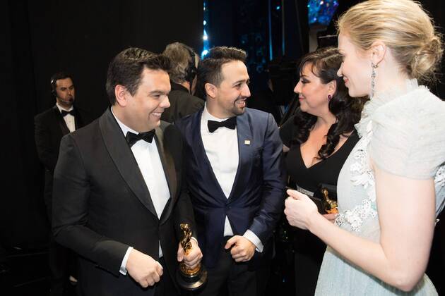 After winning the Oscar for music written for motion pictures (original song) for Remember Me from Coco, Kristen Anderson-Lopez and Robert Lopez chat backstage with Lin-Manuel Miranda and Emily Blunt during the live ABC Telecast of The 90th OscarsÂ® at the DolbyÂ® Theatre in Hollywood, CA on Sunday, March 4, 2018.  Copyright: xMarkxSaylesx 33546_774PLX