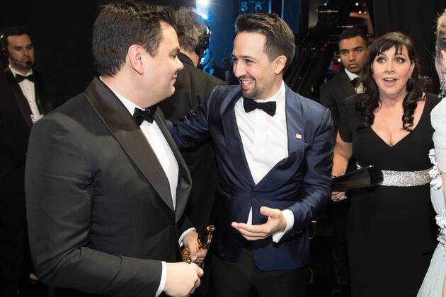 After winning the Oscar for music written for motion pictures (original song) for Remember Me from Coco, Kristen Anderson-Lopez and Robert Lopez chat backstage with Lin-Manuel Miranda and Emily Blunt during the live ABC Telecast of The 90th OscarsÂ® at the DolbyÂ® Theatre in Hollywood, CA on Sunday, March 4, 2018.  Copyright: xMattxSaykesx 33546_784PLX