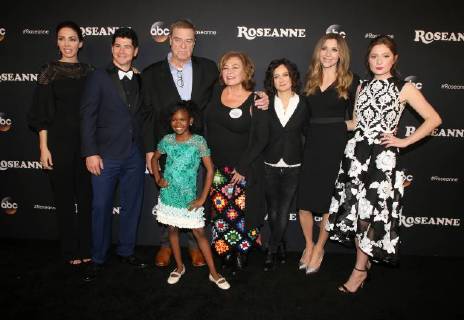 BURBANK, CA - MARCH 23: Whitney Cummings, Michael Fishman, John Goodman, Roseanne Barr, Sarah Gilbert, Sarah Chalke, Emma Kenney, Jayden Rey, at Roseanne Premiere Event at Walt Disney Studio Lot on March 23, 2018 in Burbank, California. Copyright: xFayexSadoux