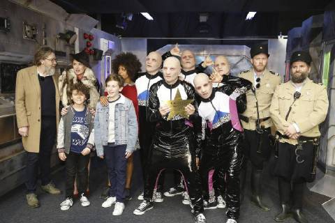 Actors including actress Barbara Sarafian, actor Rik Vehreye, actor Tom Audenaert and the dancers of Baba Yega pose for a group picture during the official premiere of Baba Yega movie in Antwerp kinepolis, Sunday 25 March 2018. The film will be released on 28 March.  NICOLASxMAETERLINCK 05318261