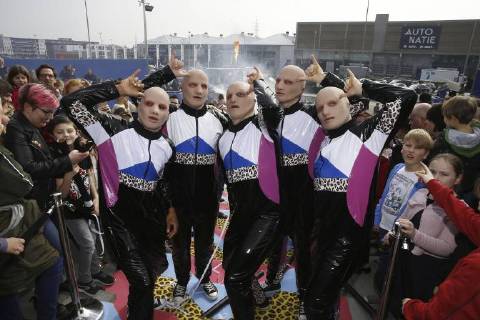 The dancers of Baba Yega pose for a group picture during the official premiere of Baba Yega movie in Antwerp kinepolis, Sunday 25 March 2018. The film will be released on 28 March.  NICOLASxMAETERLINCK 05318251