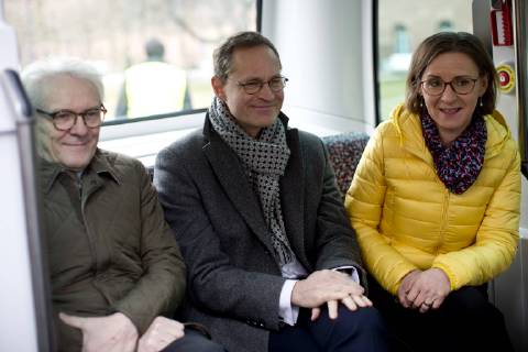 Germany Berlin Participation Minister of the Environment Svenja Schulze SPD at the start of the test operation of mobile electric minibuses on the CharitŽ grounds Karl Max Einhäupl Michael Mueller Sigrid Evelyn Nikutta 26 03 2018