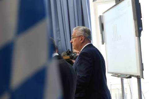 April 5, 2018 - Munich, Bavaria, Germany - Joachim Herrmann speaks with a Bavarian flag in the foreground, in Munich, Germany, on April 5, 2018. The minister of interiour Joachim Herrmann and the President of the Verfassungsschutz ( Secret Service). They talked about Islamism, Right-wing extremism, left-wing extremism and cyber crminality. Munich Germany - ZUMAn230 20180405_zaa_n230_092 Copyright: xAlexanderxPohlx