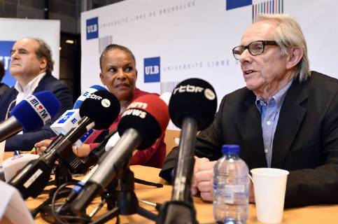 ULB rector Yvon Englert, French former justice minister Christiane Taubira and UK director Ken Loach pictured at a press conference in marge of a ceremony for the Doctor Honoris Causa honorary degrees of the ULB (Universite Libre de Bruxelles) university, Thursday 26 April 2018 in Brussels.  ERICxLALMAND 05336647