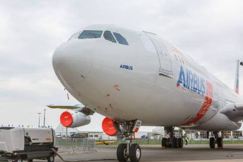 DEU Germany Brandenburg Schönefeld 25 04 2018 ILA Berlin Air Show International Air and Space Exhibition Berlin Airbus will be showing its Flight Lab at the ILA Berlin Air Show 2018 BLADE test aircraft EU Clean Sky Partners Airbus A340 Reg F WWAI