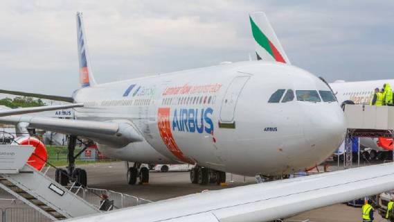 DEU Germany Brandenburg Schönefeld 25 04 2018 ILA Berlin Air Show International Air and Space Exhibition Berlin Airbus will be showing its Flight Lab at the ILA Berlin Air Show 2018 BLADE test aircraft EU Clean Sky Partners Airbus A340 Reg F WWAI