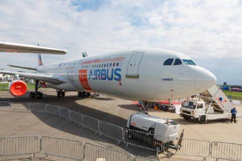 DEU Germany Brandenburg Schönefeld 25 04 2018 ILA Berlin Air Show International Air and Space Exhibition Berlin Airbus will be showing its Flight Lab at the ILA Berlin Air Show 2018 BLADE test aircraft EU Clean Sky Partners Airbus A340 Reg F WWAI