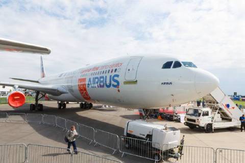 DEU Germany Brandenburg Schönefeld 25 04 2018 ILA Berlin Air Show International Air and Space Exhibition Berlin Airbus will be showing its Flight Lab at the ILA Berlin Air Show 2018 BLADE test aircraft EU Clean Sky Partners Airbus A340 Reg F WWAI