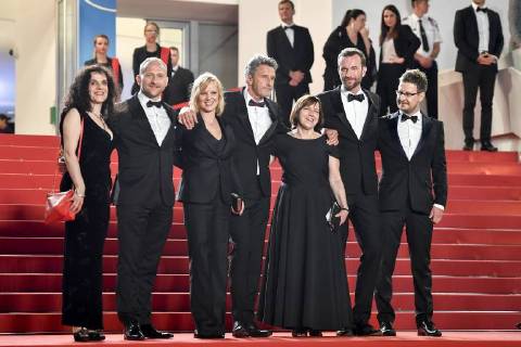(180510) -- CANNES (FRANCE), May 10, 2018 -- Producer Tanya Seghatchian, actor Borys Szyc, actress Joanna Kulig, director Pawel Pawlikowski, producer Ewa Puszczynska, actor Tomasz Kot and cinematographer Lukasz Zal (from L to R) of the film Cold War pose for photos during the premiere red carpet of Cold War at the 71st Cannes International Film Festival in Cannes, France, on May 10, 2018. The 71st Cannes International Film Festival is held from May 8 to May 19. ) FRANCE-CANNES-71ST INTERNATIONAL FILM FESTIVAL-COLD WAR-RED CARPET ChenxYichen