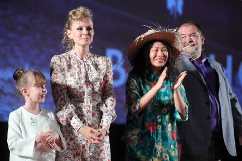 MOSCOW, RUSSIA â€“ MAY 17, 2018: Russian science fiction writer Sergei Lukyanenko, actresses Yan Ge, Yulia Peresild with her daughter Anna (R-L) at the Moscow premiere of Sergei Mokritsky s fantasy film Chernovik A Rough Draft based on Lukyanenko s novel of the same name, at the Karo 11 Oktyabr cinema. Sergei Bobylev TASS  TS07FEBE