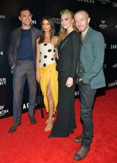 (L-R) Ed Skrein, Emily Ratajkowski, actress co-writer Natalie Dormer and director co-writer Anthony Byrne attend the premiere of In Darkness at the ArcLight Hollywood in Los Angeles, California on May 23, 2018.  LAP20180523829 CHRISxCHEW