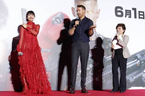(L to R) Japanese actress Shiori Kutsuna and Canadian actor Ryan Reynolds, speak during the Japan Premiere for their film Deadpool 2 on May 29, 2018, Tokyo, Japan. The second installment of the Marvel hit movie will be released in Japan on June 1st.  (gxta_DPool2jp037)