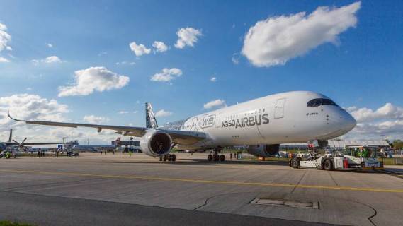 DEU Germany Brandenburg Schönefeld 25 04 2018 ILA Berlin Air Show International Air and Space Exhibition Berlin F WWCF Airbus Industrie Airbus A350 941 After the flight demonstration the Airbus will be parked in a parking position