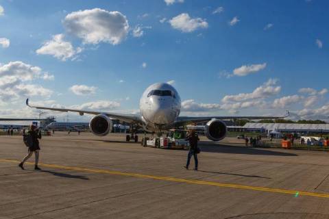DEU Germany Brandenburg Schönefeld 25 04 2018 ILA Berlin Air Show International Air and Space Exhibition Berlin F WWCF Airbus Industrie Airbus A350 941 After the flight demonstration the Airbus will be parked in a parking position