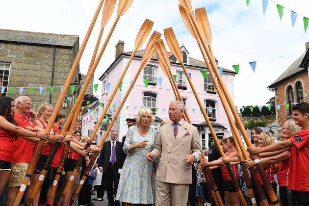 . 16 07 2018. Fowey, United Kingdom. Prince Charles the Duchess of Cornwall visit Cornwall. The Duke and Duchess of Cornwall visit the celebration of Fowey festival meeting local businesses, representatives from Fowey gig club and members of the RNLI on Fowey Quay.  xAndrewxParsonsx xi-Imagesx IIM-18220-0001
