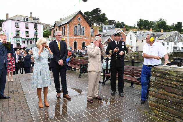 . 16 07 2018. Fowey, United Kingdom. Prince Charles the Duchess of Cornwall visit Cornwall. The Duke and Duchess of Cornwall visit the celebration of Fowey festival meeting local businesses, representatives from Fowey gig club and members of the RNLI on Fowey Quay.  xAndrewxParsonsx xi-Imagesx IIM-18220-0013