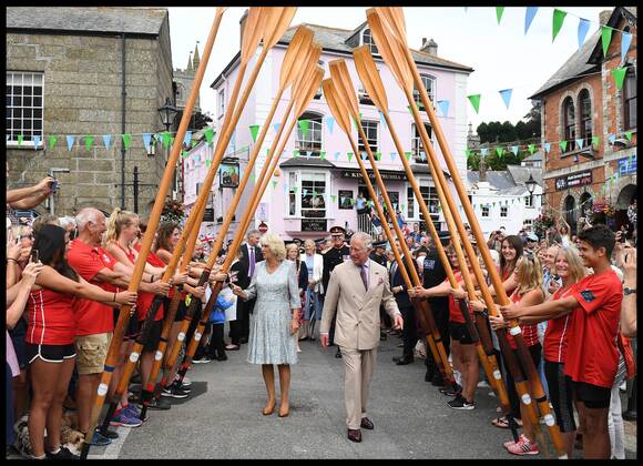 . 16 07 2018. Fowey, United Kingdom. Prince Charles the Duchess of Cornwall visit Cornwall. The Duke and Duchess of Cornwall visit the celebration of Fowey festival meeting local businesses, representatives from Fowey gig club and members of the RNLI on Fowey Quay.  xAndrewxParsonsx xi-Imagesx IIM-18220-0049
