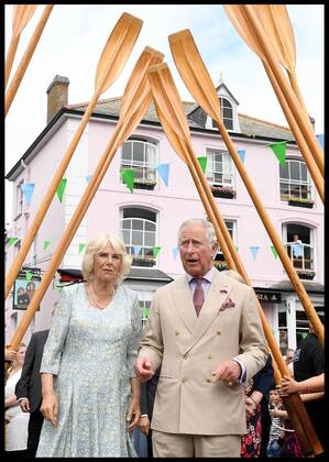 . 16 07 2018. Fowey, United Kingdom. Prince Charles the Duchess of Cornwall visit Cornwall. The Duchess of Cornwall with her Lady in waiting Amanda MacManus during a visit to the celebration of Fowey festival meeting local businesses, representatives from Fowey gig club and members of the RNLI on Fowey Quay.  xAndrewxParsonsx xi-Imagesx IIM-18220-0071