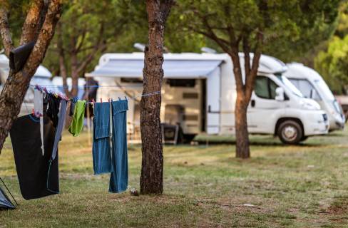 Pula THEME PICTURE Clothes and towels drying on a wadder rope taken on 26 June 2018 in Pula Croatia Clothes Drying On Ropes infront of a camper Pula Croatia on 2018 06 26  EX_FEI