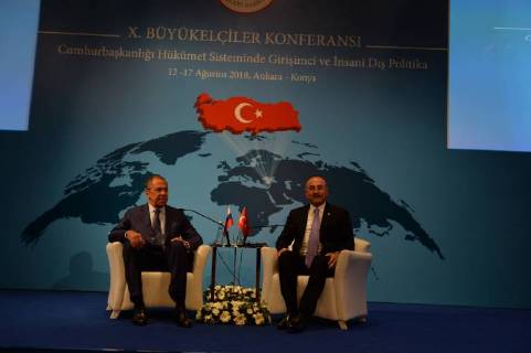 Russian Foreign Minister Sergei Lavrov meets with Turkey Foreign Minister Mevlut Cavusoglu in Ankara, Turkey, 14th August, 2018  16086474