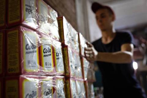 BASHKORTOSTAN, RUSSIA - AUGUST 16, 2018: Baking soda packed at the Bashkir Soda Company plant, one of the leading producers of calcined, baking and caustic soda, in the city of Sterlitamak, Bashkortostan. Vadim Braidov TASS  TS08CF18