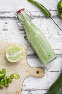 Glass bottle of homemade green Gazpacho  LVF07332
