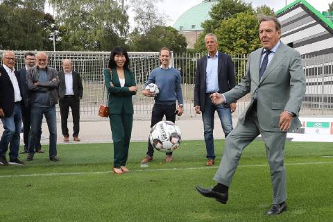 Hanover Former Chancellor Gerhard Schröder 74 with wife Soyeon Kim visiting the Hannover 96 Sport Academy
