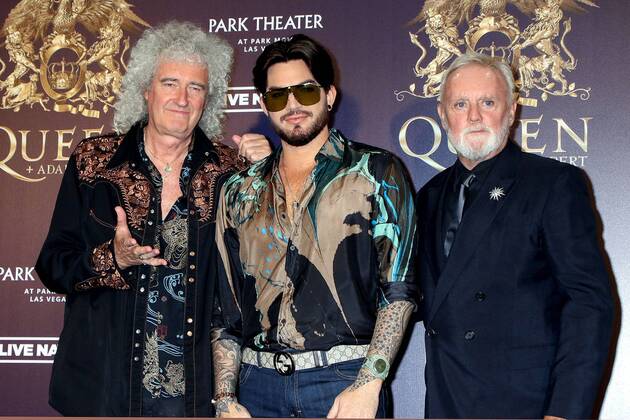 Brian May Adam Lambert and Roger Taylor at the Photocall and the press conference on 28.08.2018 in Las Vegas The band Queen with singer Adam Lambert are looking forward to their joint concert series at the MGM Park Theater The group Queen with singer Adam Lambert kicking off Photocall for a commitment at MGM Hotel in Las Vegas 2018
