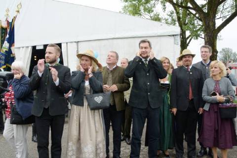 Markus Soeder Bavarian Prime Minister WITH Kerstin Schreyer MDL Markus Blume MD Keferloh near Munich 02 09 18 On the occasion of the Traditional Farmers Market Soeder