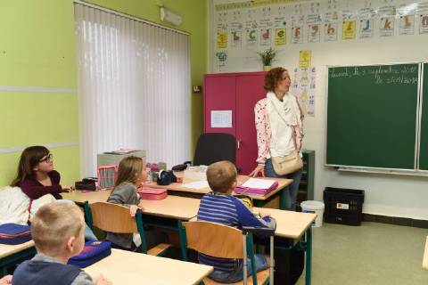 Federation Wallonia - Brussels Minister of Education and School Buildings Marie-Martine Schyns pictured during the first day of the new school year at the Ecole des Charmilles in Thy-Le-Chateau, Monday 03 September 2018. JEAN-LUCxFLEMAL 05419364