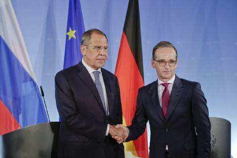 14 09 2018 Berlin Germany Photo Federal Foreign Minister Heiko Maas SPD on the right and Sergei Lavrov Foreign Minister of Russia on the occasion of a press conference in the Foreign Office in Berlin