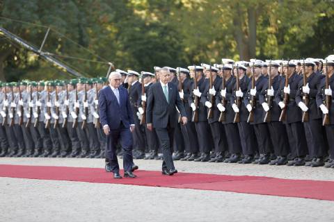 Turkish President Recep Tayyip Erdogan Berlin: Turkish President Recep Tayyip Erdogan will receive military honors at Bellevue Palace. The photo shows the Federal President Frank-Walter Steinmeier and the Turkish President Recep Tayyip Erdogan Berlin Berlin-Tiergarten Germany  SimonexKuhlmey