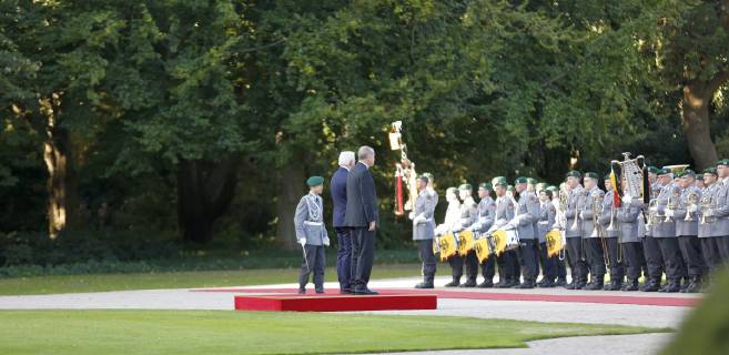 Turkish President Recep Tayyip Erdogan Berlin: Turkish President Recep Tayyip Erdogan will receive military honors at Bellevue Palace. The photo shows the Federal President Frank-Walter Steinmeier and the Turkish President Recep Tayyip Erdogan Berlin Berlin-Tiergarten Germany  SimonexKuhlmey