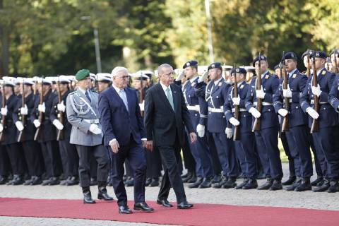 Turkish President Recep Tayyip Erdogan Berlin: Turkish President Recep Tayyip Erdogan will receive military honors at Bellevue Palace. The photo shows the Federal President Frank-Walter Steinmeier and the Turkish President Recep Tayyip Erdogan Berlin Berlin-Tiergarten Germany  SimonexKuhlmey