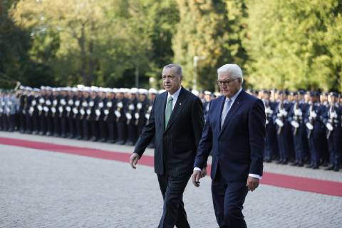 Turkish President Recep Tayyip Erdogan Berlin: Turkish President Recep Tayyip Erdogan will receive military honors at Bellevue Palace. The photo shows the Federal President Frank-Walter Steinmeier and the Turkish President Recep Tayyip Erdogan Berlin Berlin-Tiergarten Germany  SimonexKuhlmey